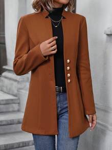 SHEIN Clasi Solid Button Detail Overcoat - Brown - View 4