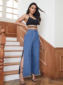 SHEIN Essnce Women's Side Split Denim Jeans - Medium Wash - View 1