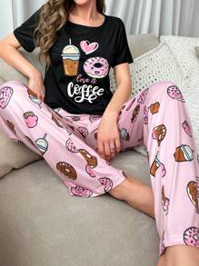 Donut & Slogan Graphic Tee & Pants PJ Set / Pajama Set - Multicolor - View 6