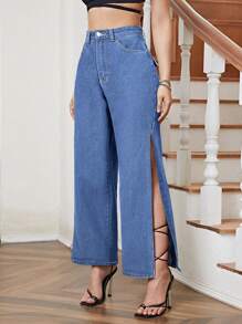 SHEIN Essnce Women's Side Split Denim Jeans - Medium Wash - View 4