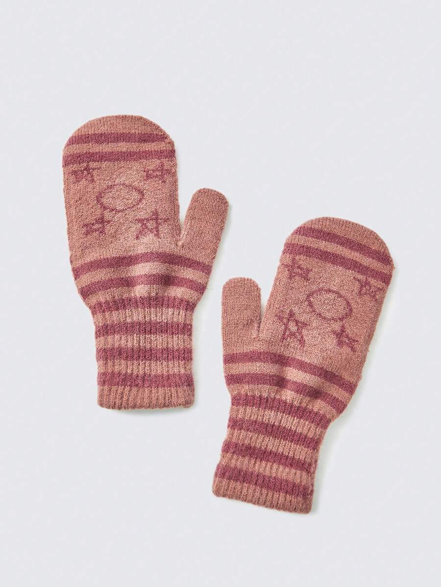 SHEIN 1pair Warm Knitted Gloves With Pentagram Jacquard Pattern