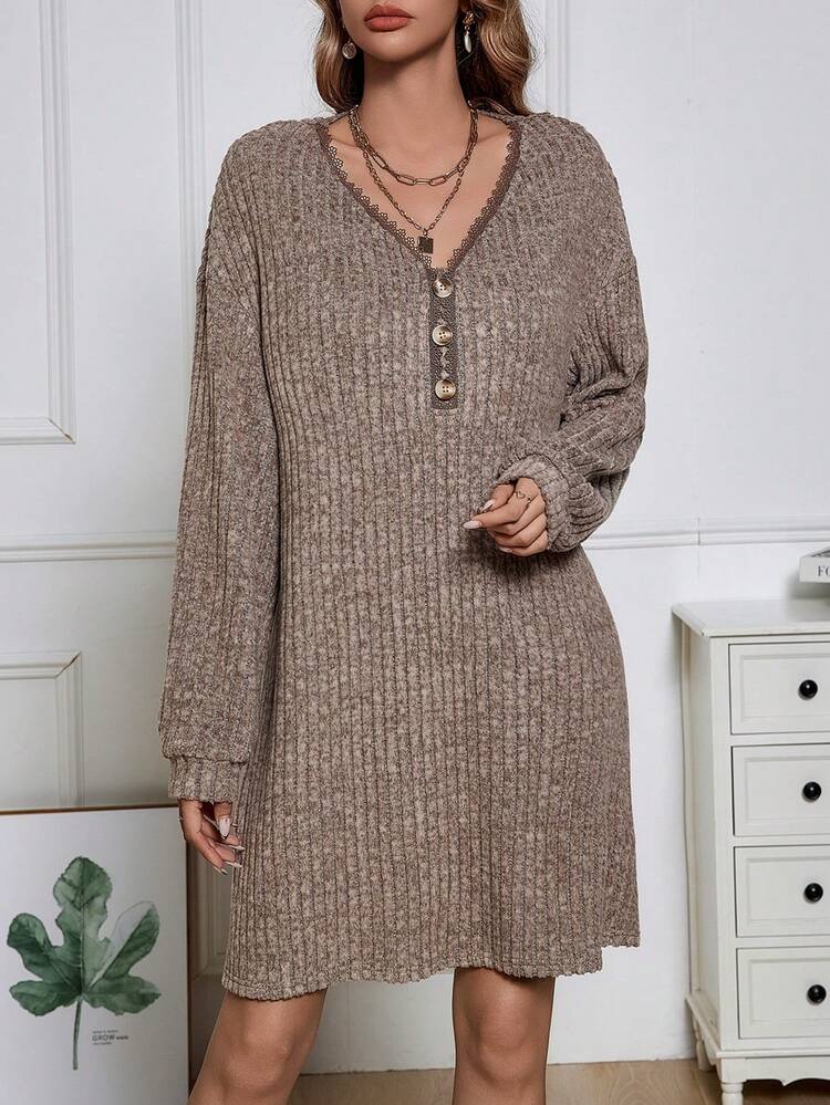 Women's V-neck Lace Panel Ribbed Dress Without Belt