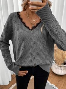 SHEIN LUNE Eyelash Lace Trim Drop Shoulder Pointelle Knit Sweater - Grey - View 5