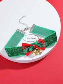 ROMWE 1入組聖誕時尚甜美風格紋織物蝴蝶結,樹葉,鈴鐺,緞帶項鍊