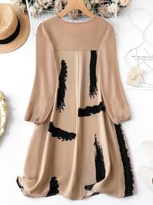 SHEIN Clasi 大碼筆刷圖案燈籠袖洋裝 - 卡其色 - 查看 2