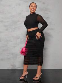 SHEIN BAE Hơn Cổ giả Mùa vụ Lưới Áo & Xù Váy bút chì - màu đen - Xem 6