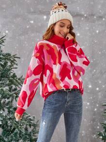 SHEIN LUNE 滿版圖案高領落肩袖套頭毛衣 - 彩色 - 查看 1