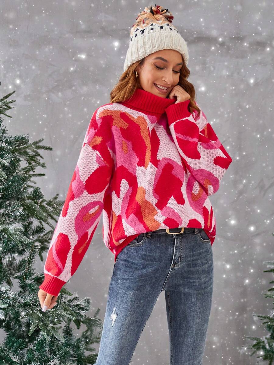 SHEIN LUNE 滿版圖案高領落肩袖套頭毛衣 - 彩色 - 查看 1