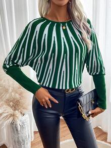 SHEIN LUNE 圖形圖案蝙蝠袖套頭毛衣 - 綠色 - 查看 7