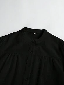 Solid Button Front Bishop Sleeve Shirt - Black - View 4