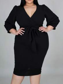 SHEIN Clasi 大碼交疊領腰帶緊身洋裝 - 黑色 - 查看 4