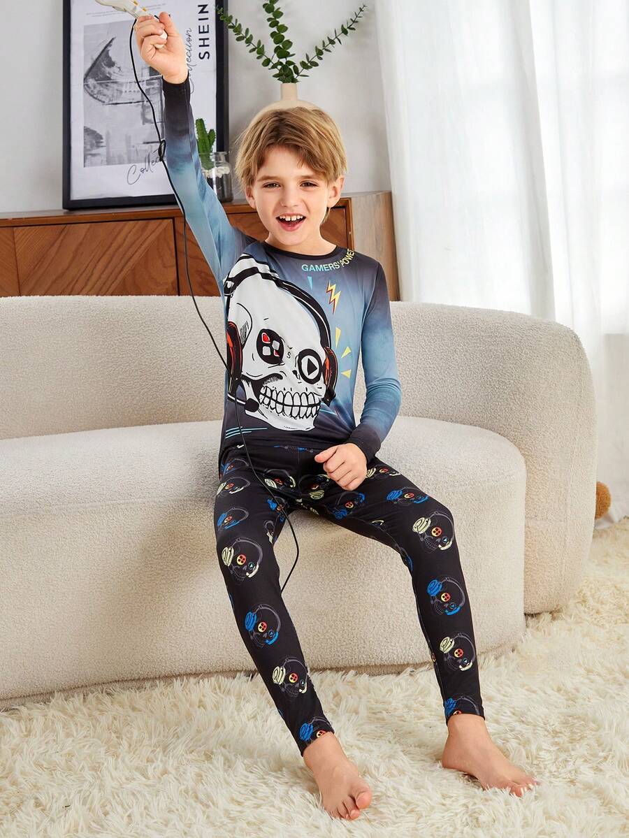 SHEIN 少年男孩卡通圖形t卹和褲子緊身睡衣套裝 - 彩色 - 查看 1