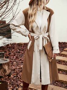 SHEIN Essnce 雙色雙排釦腰帶風衣外套 - 卡其色 - 查看 3