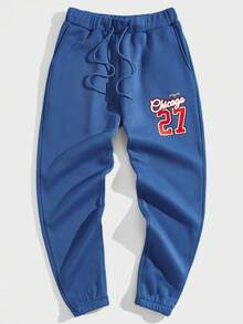 Aesthetic Post Lỏng lẻo phù hợp Nam Lá thư In Dây rút Quần thể thao - Màu xanh lam - Xem 3