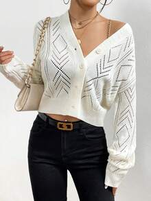 SHEIN Frenchy Pointelle Knit Drop Shoulder Cardigan - White - View 3
