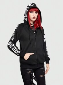 ROMWE Grunge Punk Của phụ nữ Áo nỉ có mũ Với Vượt qua In - màu đen - Xem 6