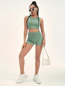 SHEIN EZwear 電纜紋理背心上衣和短褲 - 薄荷綠 - 查看 3