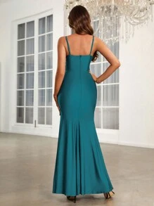 SHEIN Belle Vestido de dama de honor de tirantes girante delantero de muslo con abertura - Verde - Ver 2