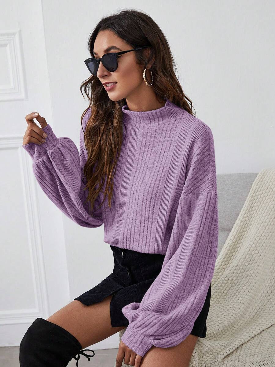 SHEIN Essnce Camiseta de cuello alto de hombros caídos de manga farol tejido de canalé - Púrpura malva - Ver 1