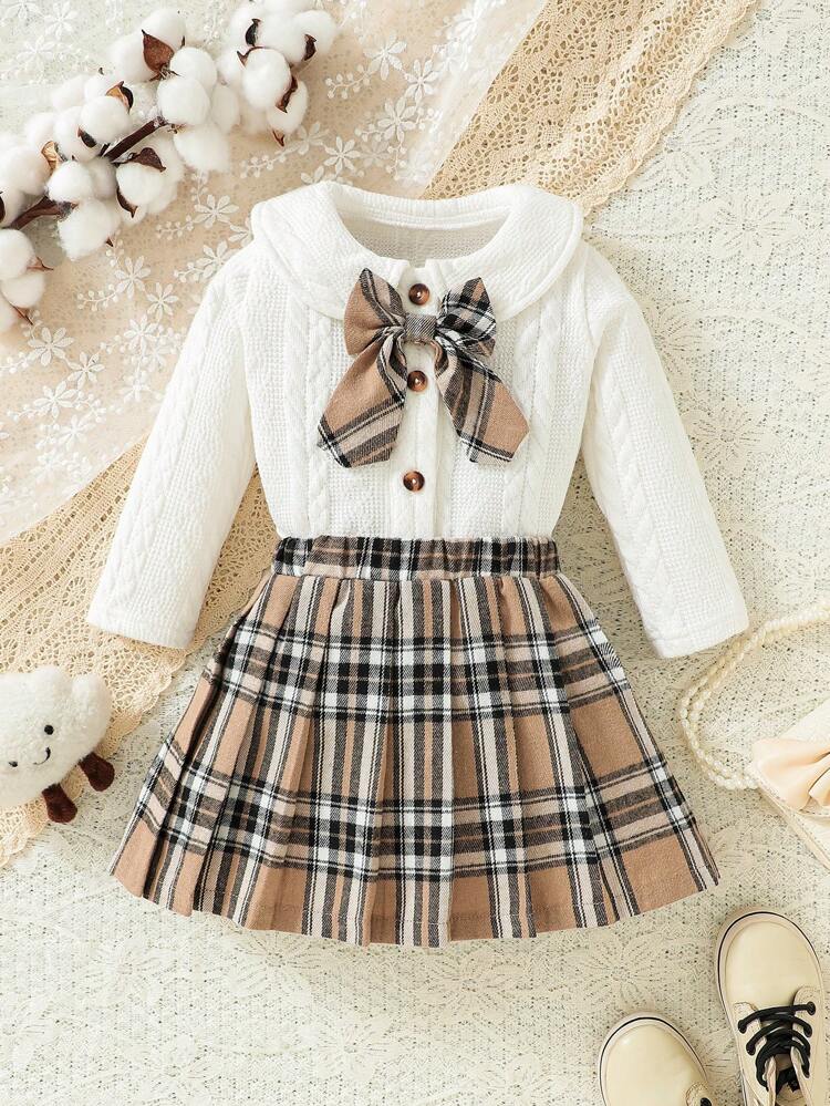 Baby Girl Plaid Print Bow Front Button Up Tee & Pleated Skirt