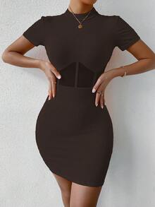 SHEIN SXY Cổ giả Lưới tương phản Chèn Váy bodycon - Cà phê nâu - Xem 6