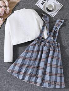 SHEIN 女大童法蘭絨T恤&格紋印花荷葉邊背带半身裙 - 彩色 - 查看 2