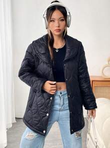 SHEIN Unity Shawl Collar Slant Pocket Quilted Padded Coat Clothes Winter - Black - View 4