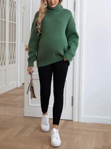 SHEIN Thai sản Áo cao cổ Thả vai Áo len - màu xanh lá - Xem 5