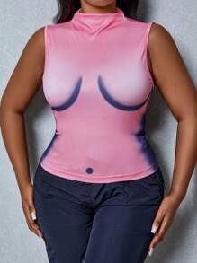 Maweii Plus Graphic Print Mock Neck Tank Top - Pink - View 6
