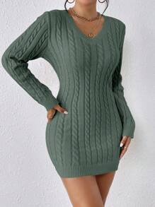 SHEIN Frenchy Solid Color Cable Knitted Woolen Sweater Dress Without Belt - Green - View 3