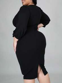 SHEIN Clasi 大碼交疊領腰帶緊身洋裝 - 黑色 - 查看 3