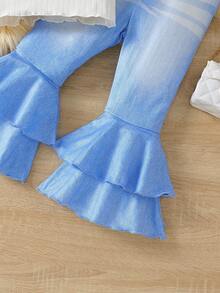 SHEIN Cô Gái Trẻ Cổ giả Áo thun & Quần ống loe - Xanh và trắng - Xem 5