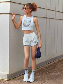 SHEIN Unity Pantalones Cortos de Mujer Ribete en contraste Letras Deportivo - Gris Claro - Ver 7