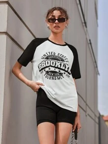 SHEIN Unity 字母圖案插肩袖T恤 - 黑與白 - 查看 1