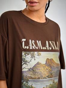 INAWLY Mountain & Slogan Graphic Drop Shoulder Tee - Coffee Brown - View 4