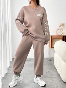 SHEIN Unity Letter Graphic Drop Shoulder Sweatshirt & Sweatpants - Dusty Pink - View 3