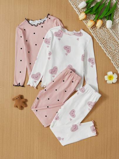 SHEIN 年輕女孩2入組心形和圓點印花莴苣邊睡衣套裝
