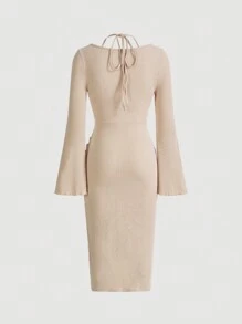 SHEIN MOD Draped Collar Trumpet Sleeve Ruched Asymmetrical Hem Dress - Apricot - View 2