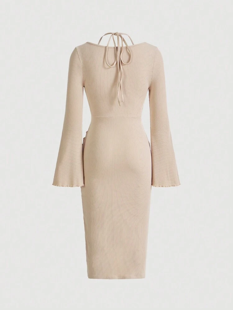 Draped Collar Trumpet Sleeve Ruched Asymmetrical Hem Dress