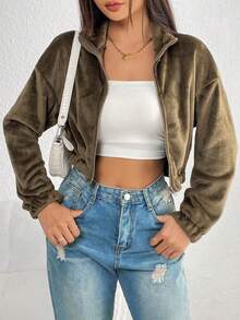 SHEIN PETITE Thả vai Dây kéo Mùa vụ Lông cừu Áo khoác - xanh quân đội - Xem 3