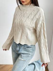 Chiquease Cable Knit Button Detail Drop Shoulder Knit Pullover Fall Winter Sweater - White - View 4