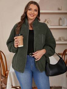 SHEIN LUNE Plus Zip Up Drop Shoulder Jacket - Green - View 6
