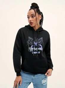 SHEIN EZwear Butterfly & Letter Graphic Hoodie - Black - View 1