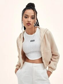 SHEIN EZwear 纯色抽绳拉链短款保暖连帽衫，适合毕业季、教师节、返校季等场合。 - 杏色 - 查看 4