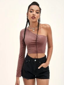 Muchica One Shoulder Ribbed Velvet Top
