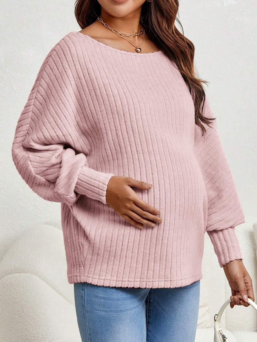 SHEIN Maternidad Camiseta de manga murciélago tejido de canalé - Rosa - Ver 1
