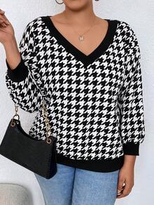 SHEIN CURVE+ Plus Houndstooth Print Drop Shoulder Sweatshirt - Black - View 7