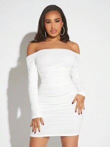 SHEIN SXY 一字肩褶邊緊身洋裝 - 白色 - 查看 3