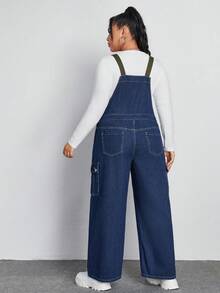 SHEIN ICON 大碼翻蓋口袋牛仔背帶褲不帶T恤 - 深色水洗藍 - 查看 2