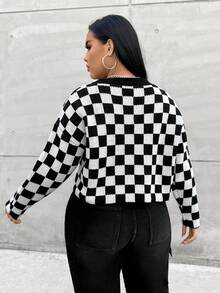 Flirla Plus Checker Pattern Drop Shoulder Sweater - Black and White - View 2
